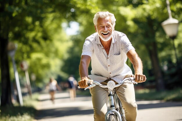 Heureux homme âgé sur un vélo