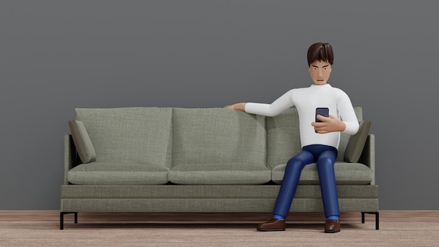 Heureux homme assis dans un fauteuil à l'aide de réseaux sociaux en ligne de smartphone ou de personnage de dessin animé de rendu 3D du marché des affaires en ligne