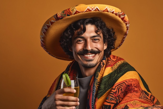 Heureux homme mexicain en sombrero et poncho lumineux avec verre isolé sur un fond de couleur célébrant la fête nationale de Cinco de Mayo Ai générative