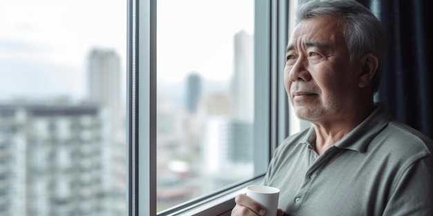 Heureux homme mûr debout à la fenêtre avec vue sur la ville souriant à l'air très heureux Generative AI AIG20