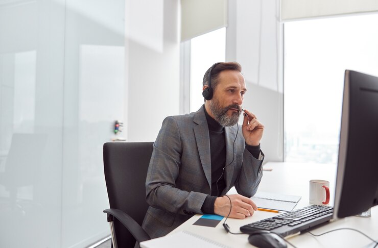 Heureux homme mûri avec un casque est assis dans un bureau blanc clair