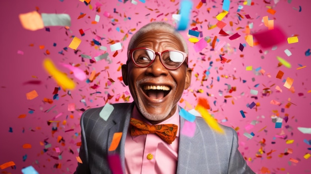 Heureux homme qui rit avec des confettis tombant anniversaire fête de célébration amusante du nouvel an