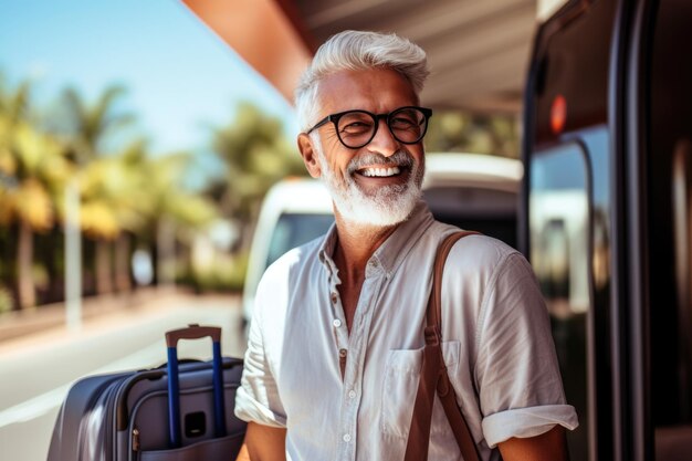 Heureux homme senior touristique souriant joyeusement tout en se tenant à l'extérieur avec des bagages générés par ai