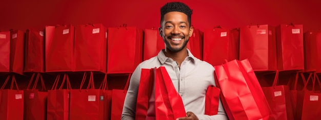 Heureux homme souriant tenant des sacs à provisions sur fond rouge