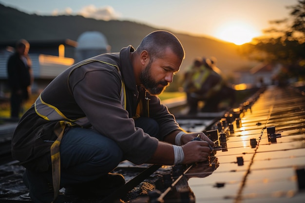 Photo heureux ingénieur installant un panneau solaire photovoltaïque sur le toit de l'usine au coucher du soleil