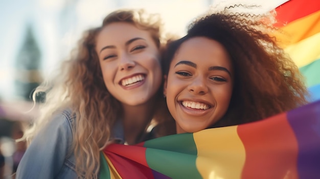 Heureux jeune couple de lesbiennes sur le défilé LGBTCréé avec la technologie Generative AI