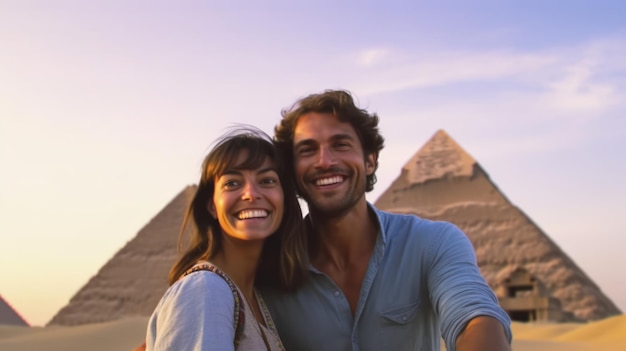 Heureux jeune couple prenant selfie devant les pyramides égyptiennes