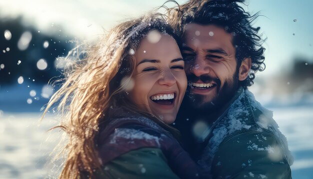 Heureux jeune couple s'embrassant le matin d'hiver