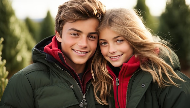 heureux jeune couple en vêtements d'hiver regardant la caméra à l'extérieur
