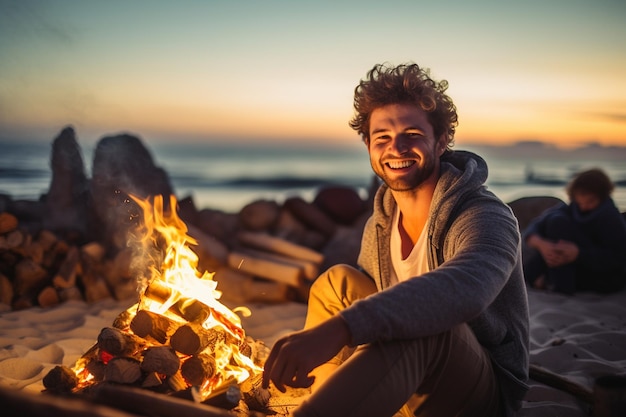Heureux jeune homme assis près du feu de camp sur la plage profitant de la détente côtière générative par Ai