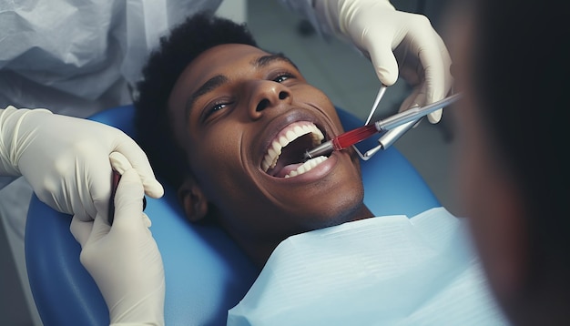 Heureux jeune homme couché avec bouche ouverte dentiste masculin dans des gants à l'aide d'instruments de restauration
