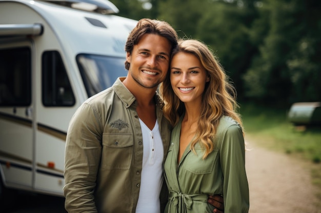 Heureux jeune homme souriant et fille debout devant le camping-car dans la forêt Beau couple étreignant près de camping-car Camping dans la nature