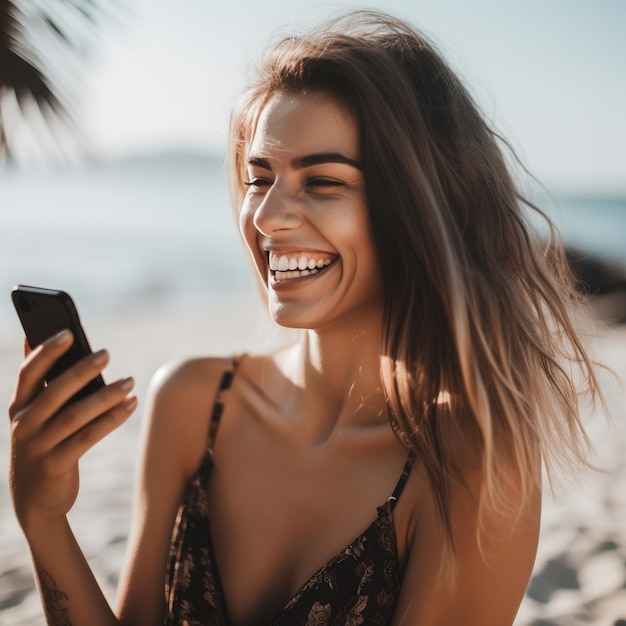 heureux, jeune, plage, femme, utilisation, smartphone