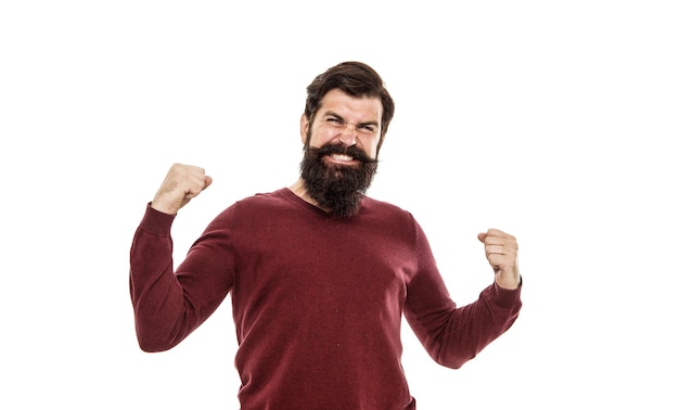 Heureux mec fier Succès et satisfaction Bonheur et joie Joyeux mec célébrer Fête des fêtes Sincère expression heureuse Homme barbu se sentir heureux Concept gagnant Réalisation personnelle