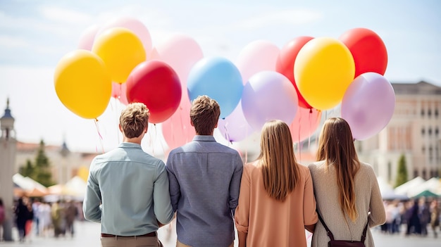 Heureux moments d'amis avec des ballons colorés