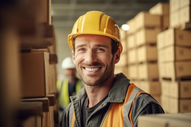 Heureux ouvrier du bâtiment tenant des boîtes dans un entrepôt avec l'IA générative