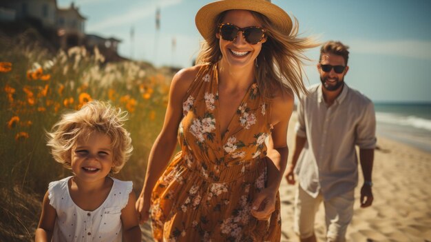 Heureux parents et enfants construisant des châteaux de sable sur la plage