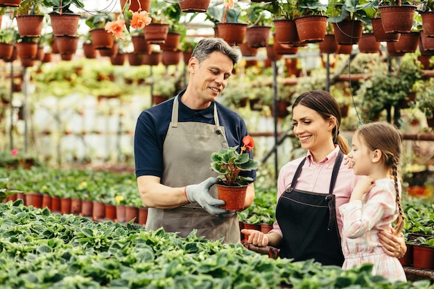 Heureux parents et leur petite fille travaillant avec des fleurs à la pépinière