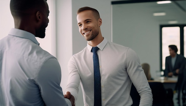 Heureux patron noir serrant la main d'un beau jeune employé souriant entrant dans une entreprise d'IA générative à l'intérieur du bureau