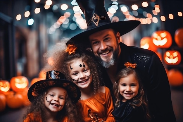 Heureux père de famille et petites filles en costumes et maquillage lors de la célébration d'Halloween