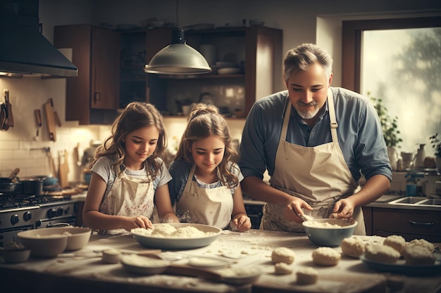 Heureux père et fille cuisinant dans une cuisine générative par IA
