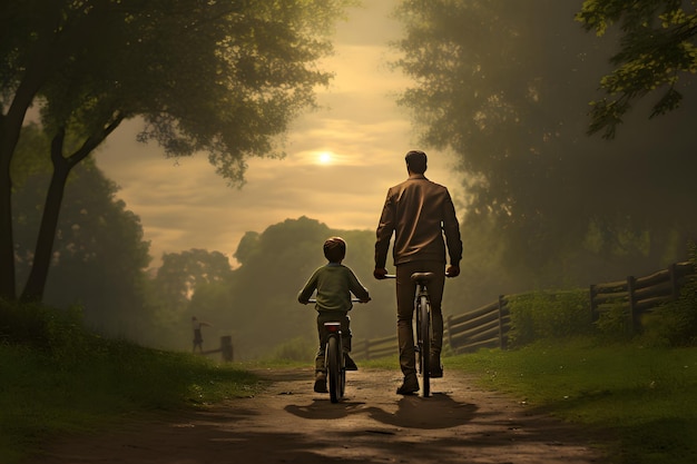 Heureux père et fils faisant du vélo vue arrière des silhouettes familiales dans la nature