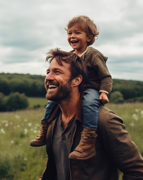 Photo heureux père portant son fils sur son dos