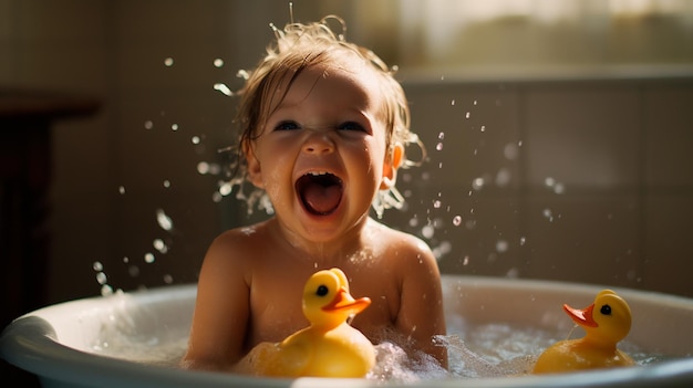 heureux petit enfant avec bain et jouant avec un canard dans le bain