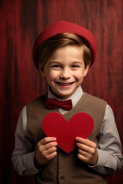 Heureux petit garçon avec des cœurs rouges le jour de la Saint-Valentin