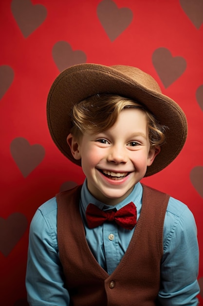 Heureux petit garçon avec des cœurs rouges le jour de la Saint-Valentin