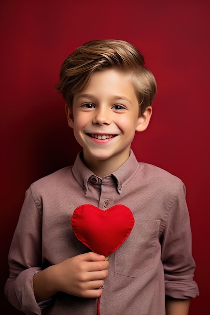 Heureux petit garçon avec des cœurs rouges le jour de la Saint-Valentin