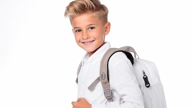 heureux petit garçon étudiant intelligent avec sac sur fond blanc isolé