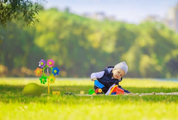 Heureux petit garçon avec des jouets au pique-nique