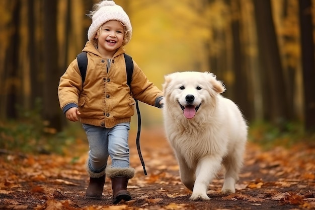 Heureux petit garçon joyeux marchant avec un chien blanc doré IA générative