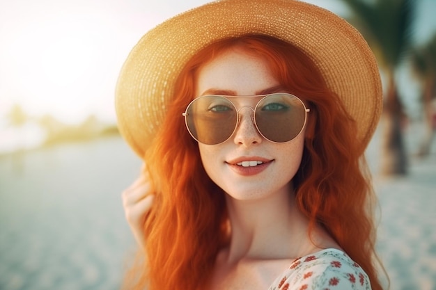 Heureux portrait d'une belle femme souriante rousse avec des taches de rousseur avec un chapeau de paille avec des lunettes en maillot de bain style et mode des années 70 sur la plage près de l'océan avec des palmiers au coucher du soleil