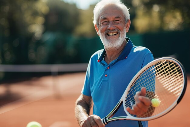 Heureux senior caucasien avec raquette de tennis au court de tennis par beau temps