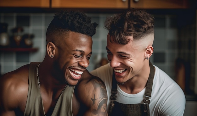 Photo heureux et sexy jeune couple gay cuisine repas ensemble à la maison