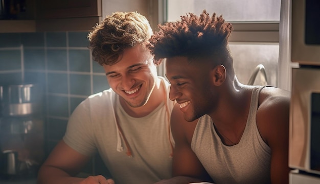 Photo heureux et sexy jeune couple gay cuisine repas ensemble à la maison