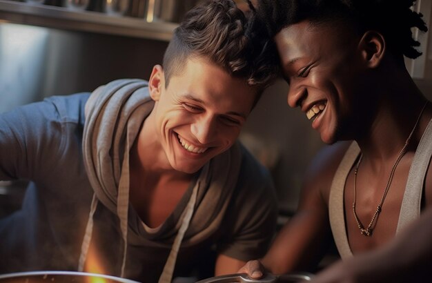 Photo heureux et sexy jeune couple gay cuisine repas ensemble à la maison