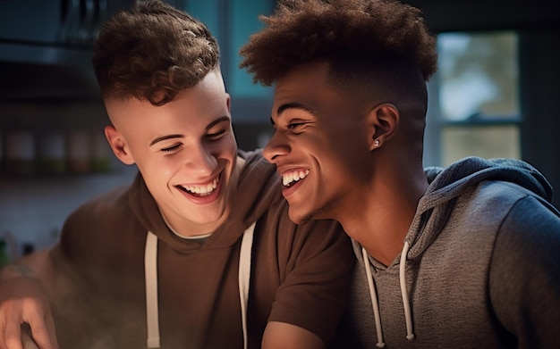 Photo heureux et sexy jeune couple gay cuisine repas ensemble à la maison