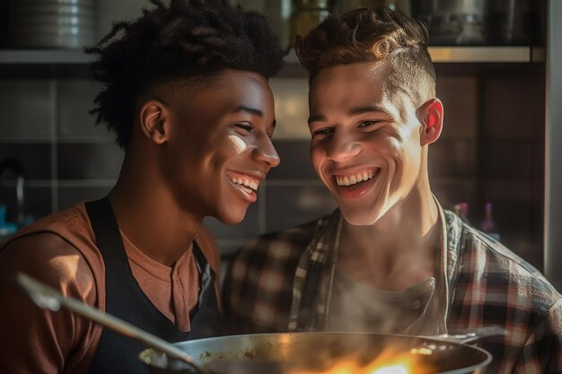 Heureux et sexy jeune couple gay cuisine repas ensemble à la maison