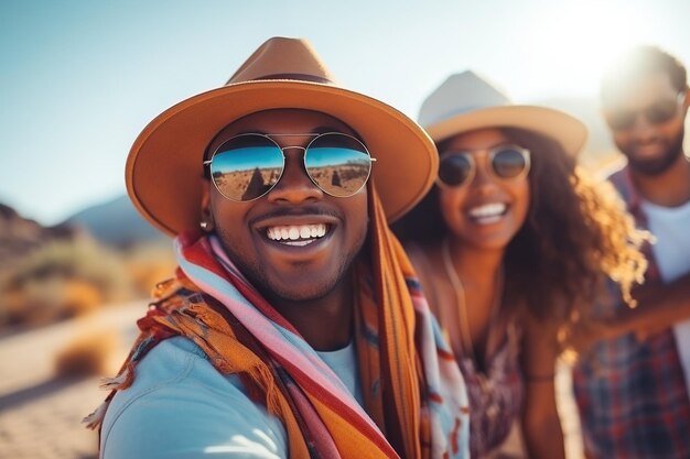 Photo un heureux touriste afro-américain s'amusant en groupe sur un chameau dans le désert.