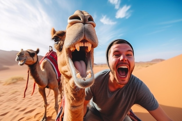 Heureux touriste profitant d'une promenade en chameau en groupe Generative AI