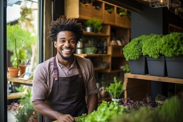 Un heureux vendeur africain de plantes ornementales et de verdure dans une boutique de fleurs