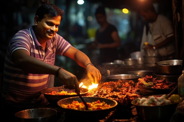 Heureux vendeur indien vendant de la nourriture dans les rues en Inde Generative AI