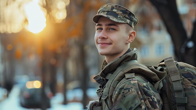 Photo heureux de voir un jeune soldat rentrer de l'armée.