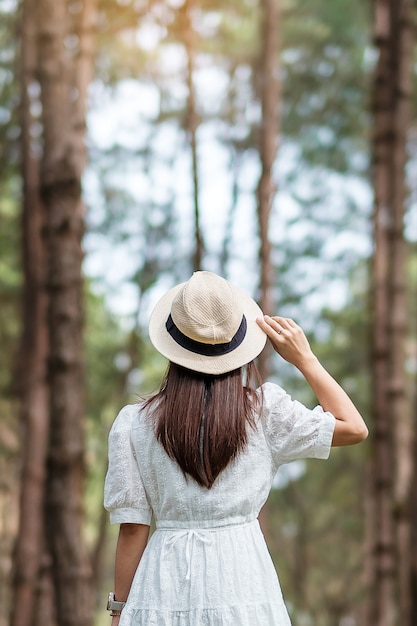 Heureux voyageur femme vue arrière debout et regardant un arrière-plan flou de forêt de pins