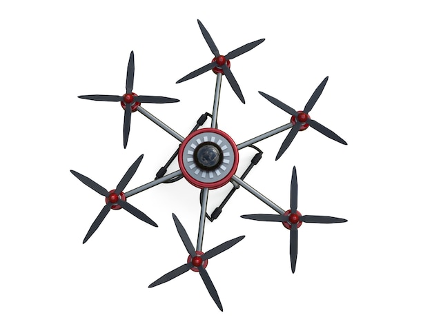 Hexacoptère rouge et gris isolé sur fond blanc. illustration 3D.