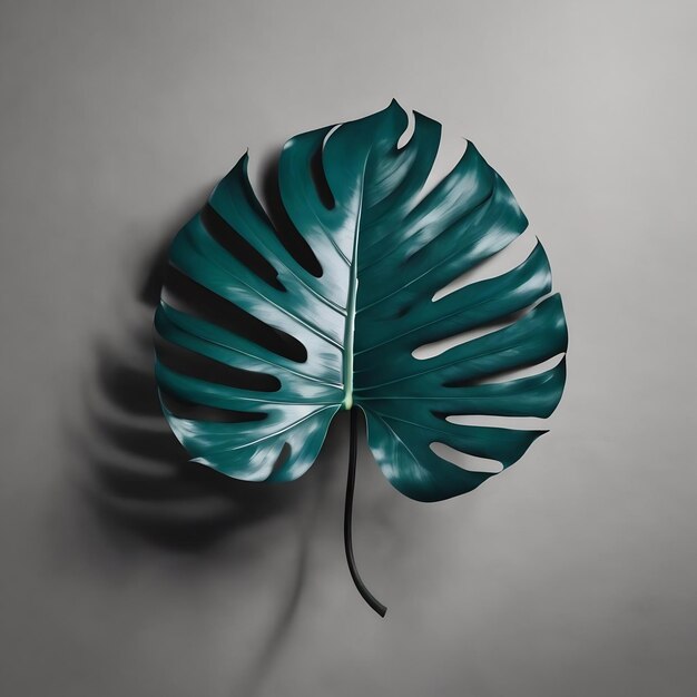 Un hexagone bleu flotte sur un fond gris monstera laisse une idée de concept minimal avec des couleurs monochromes