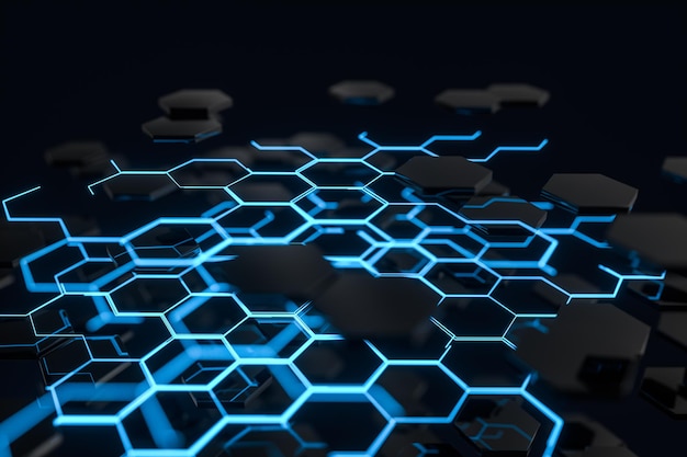 Hexagone bleu et lignes rougeoyantes croisées rendu 3d
